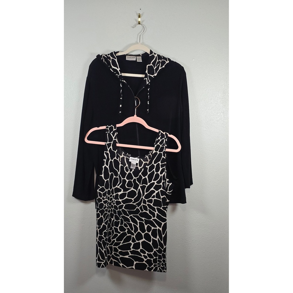 Chico's Travelers Set Size 2 L Black Giraffe Print Hoodie Jacket and Tank Top
